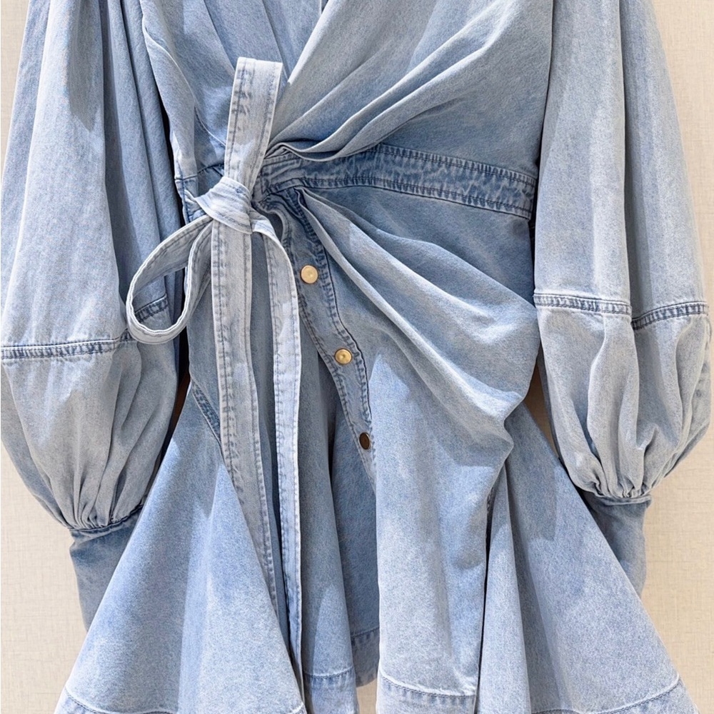 Zimmermann Light Blue Denim Wrap Mini Dress with Balloon Sleeves - Picture 6 of 6